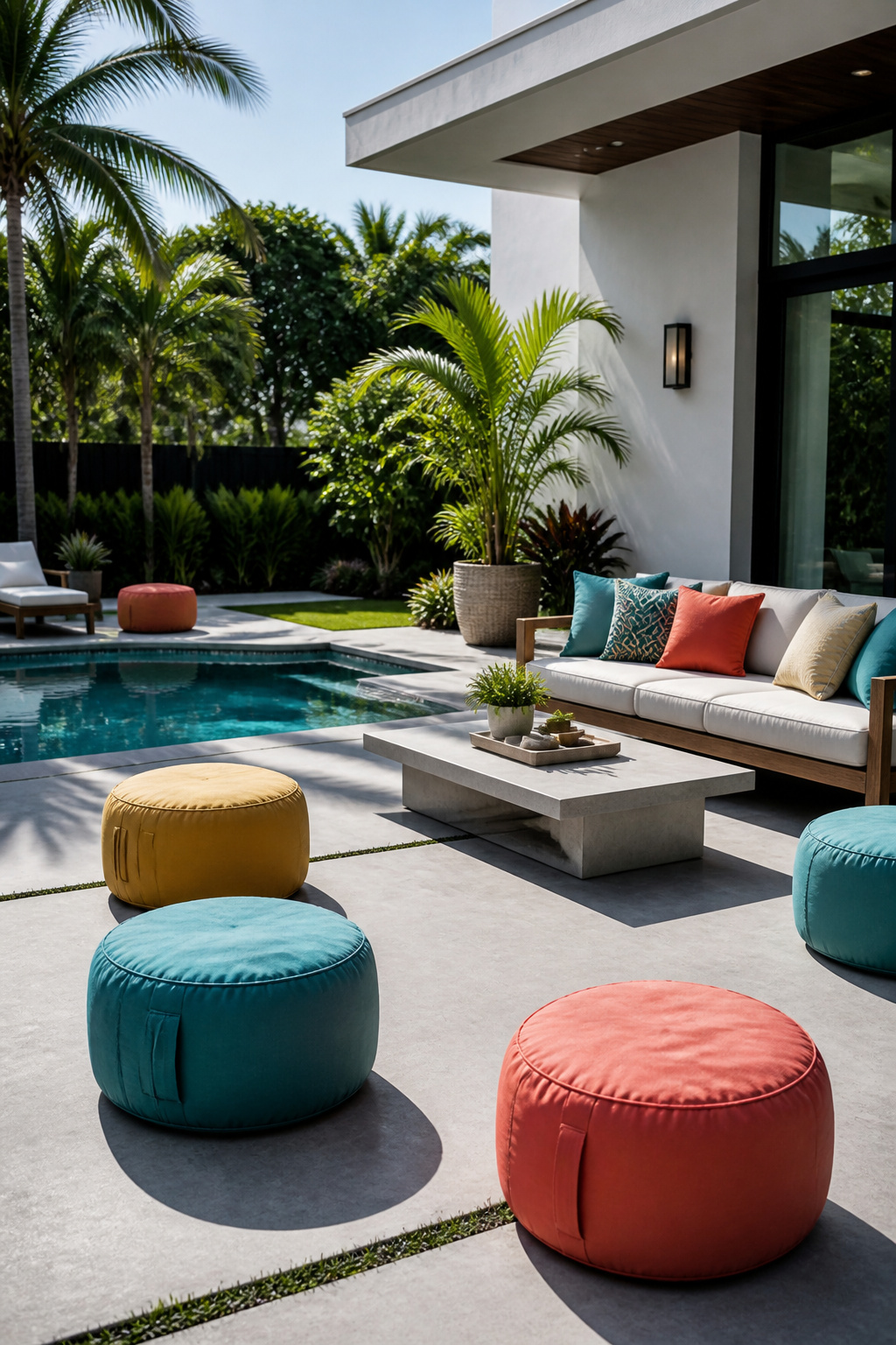 Brightly colored poufs and cushions arranged around a pool area.