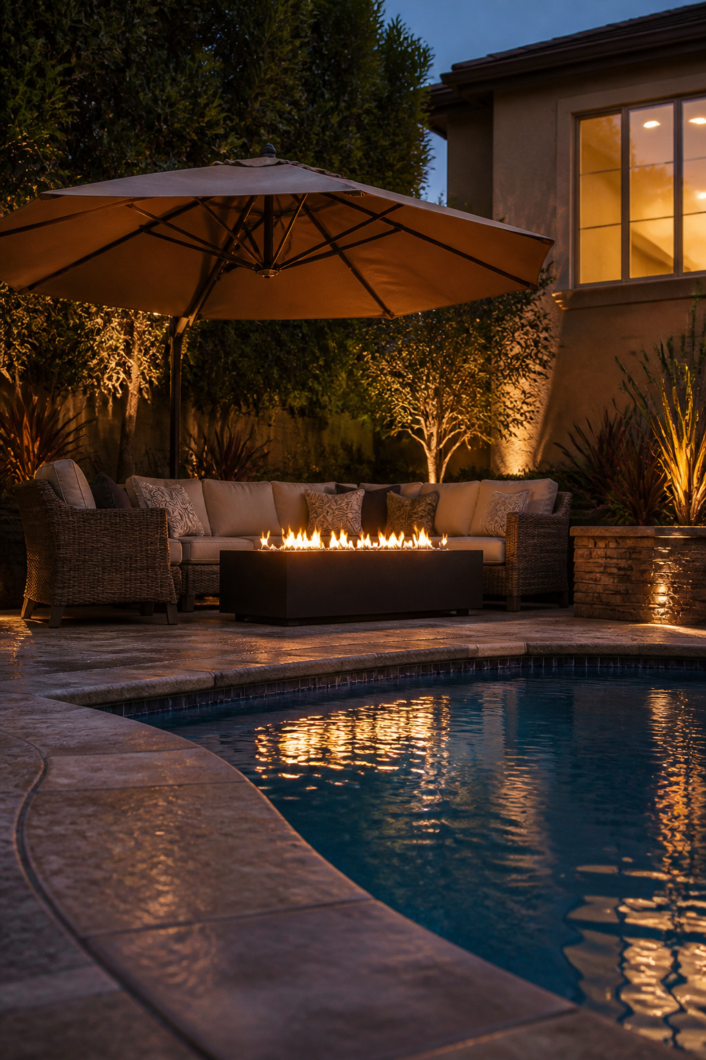 A propane fire table set up near the pool for evening use.