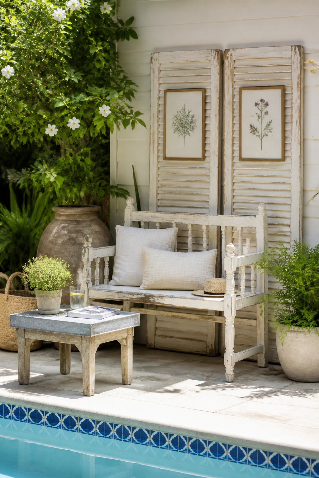 A whitewashed bench and rustic shutters create a cozy nook poolside.