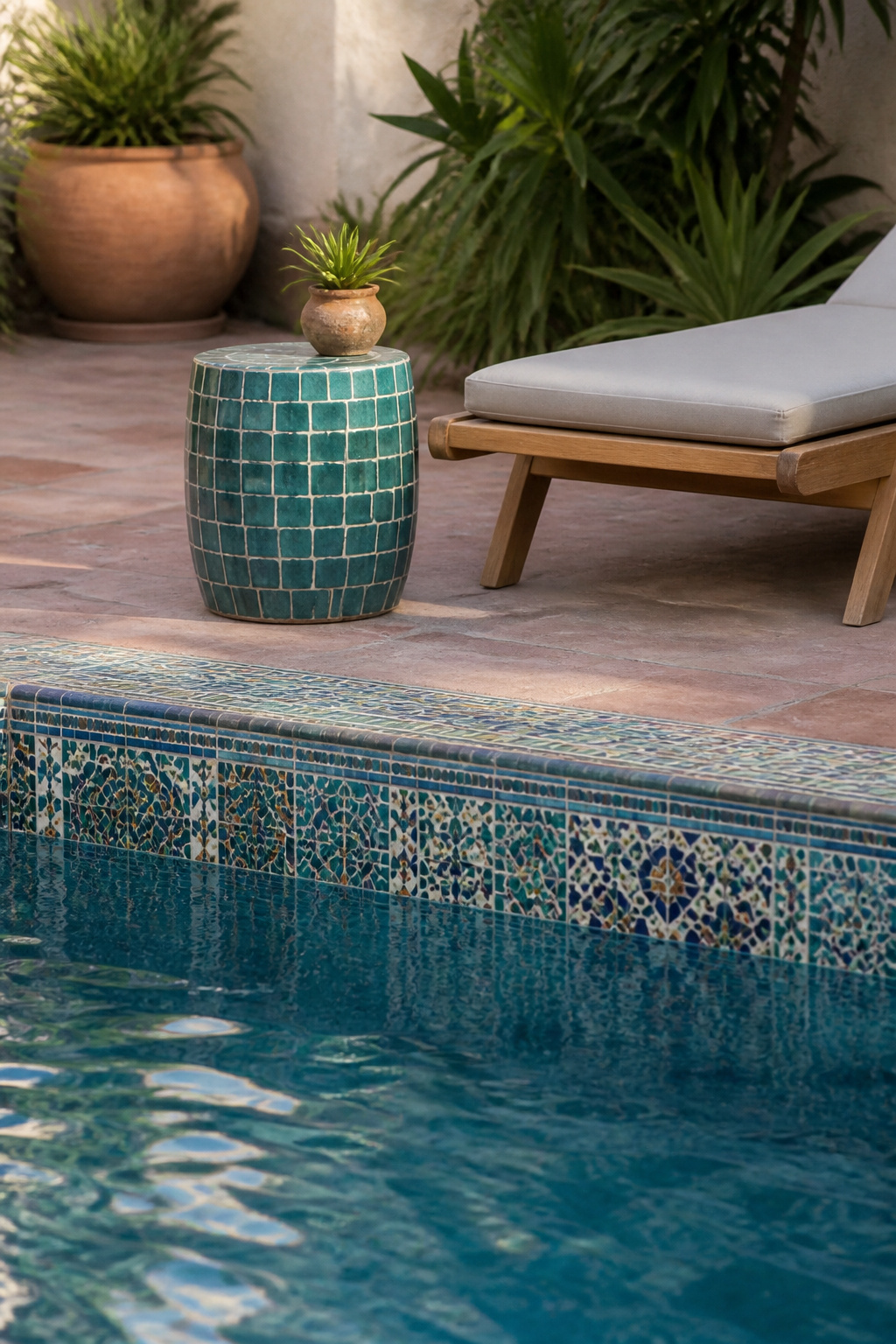 Intricate ceramic tiles forming a mosaic along the edge of a pool.