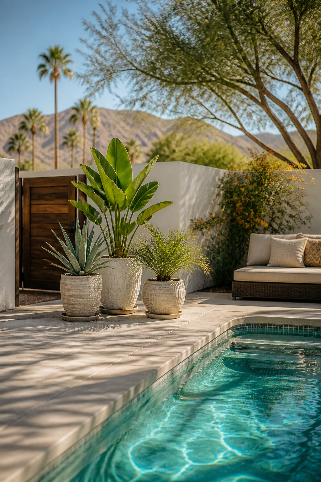 Tall planters with tropical plants positioned in the corners of a pool deck.