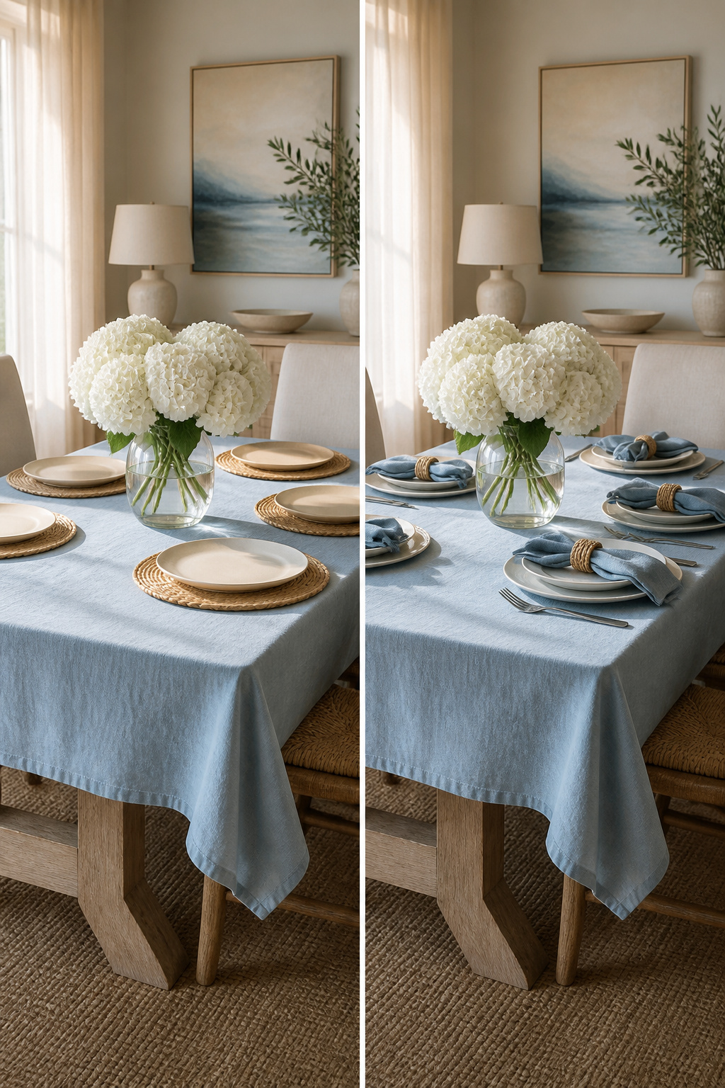 Table with soft blue napkins and sandy neutral tablecloth.