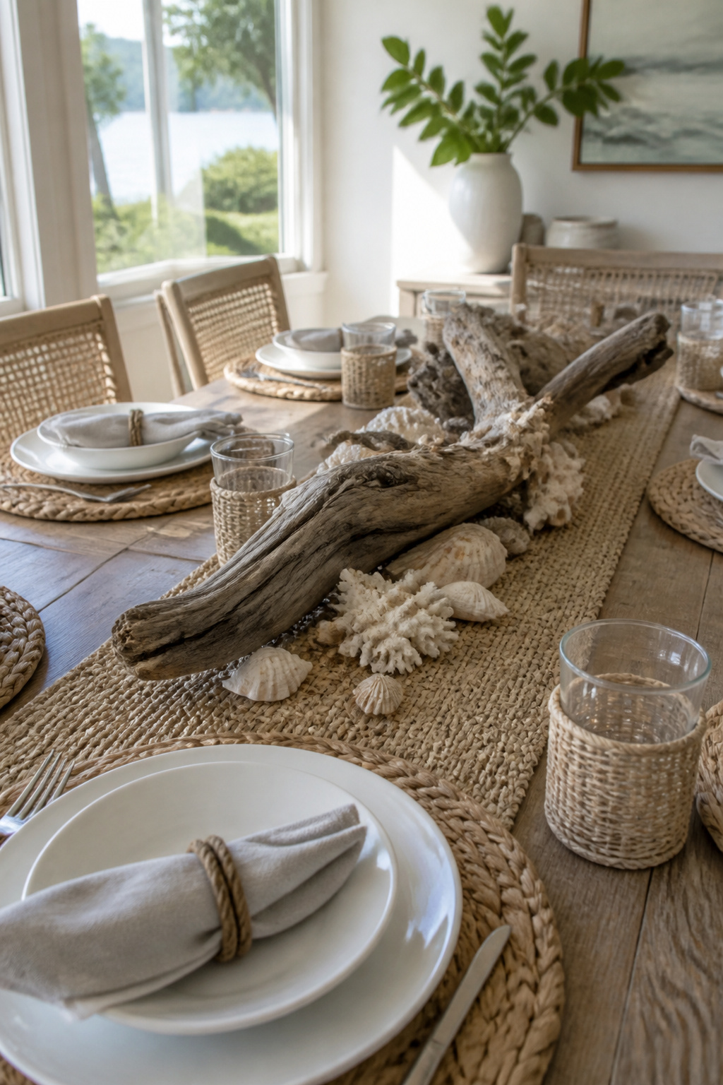 A tablescape featuring driftwood, jute runner, and seagrass mats.