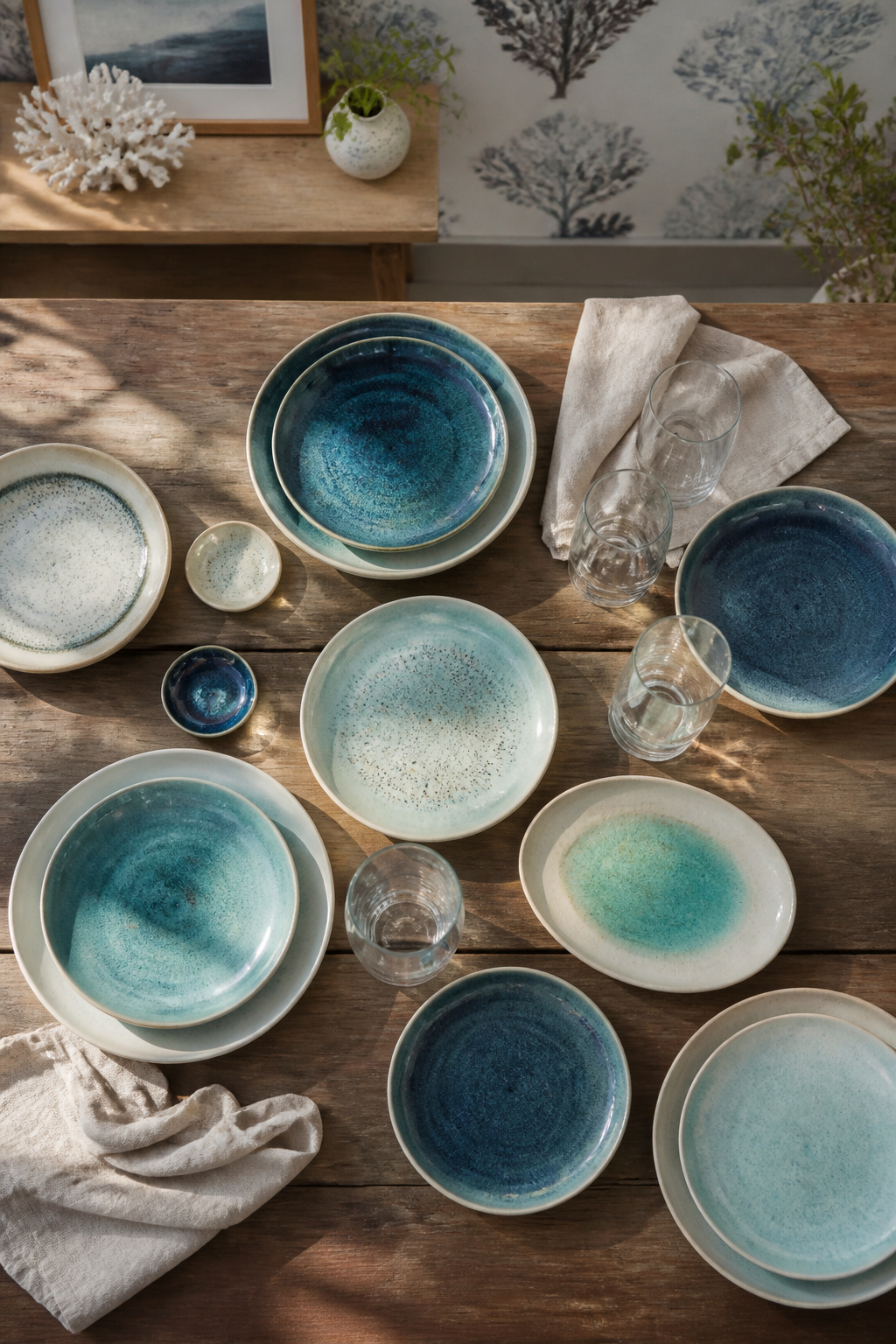 Blue and green stoneware plates arranged on a table.