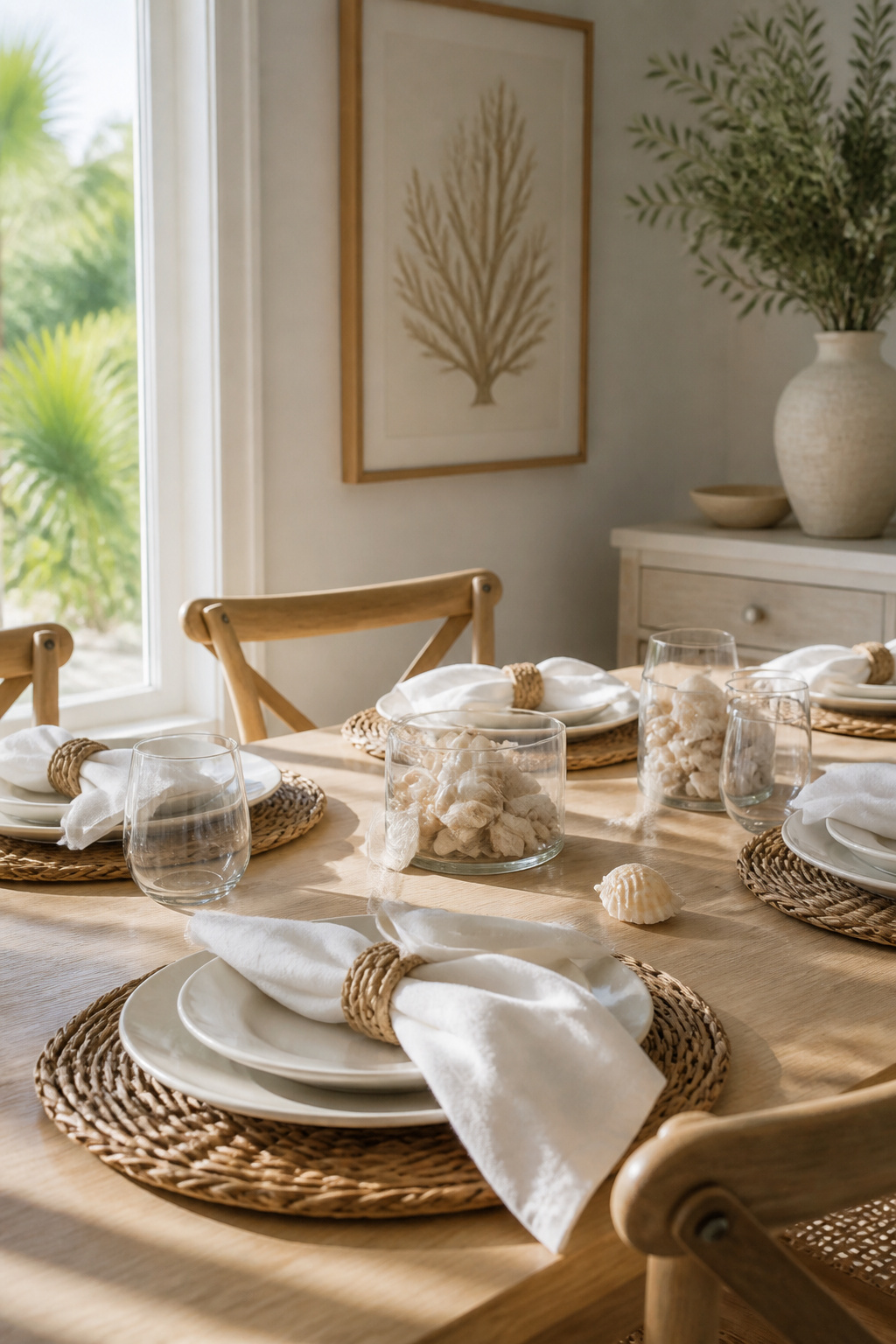 White linen napkins elegantly folded with jute napkin rings.