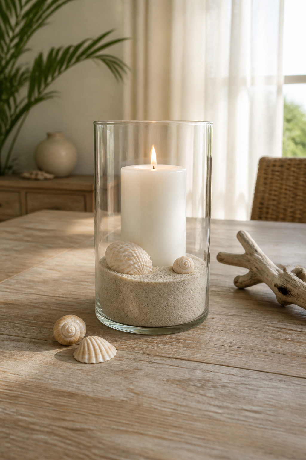 Glass vase with sand and shells, holding a candle.