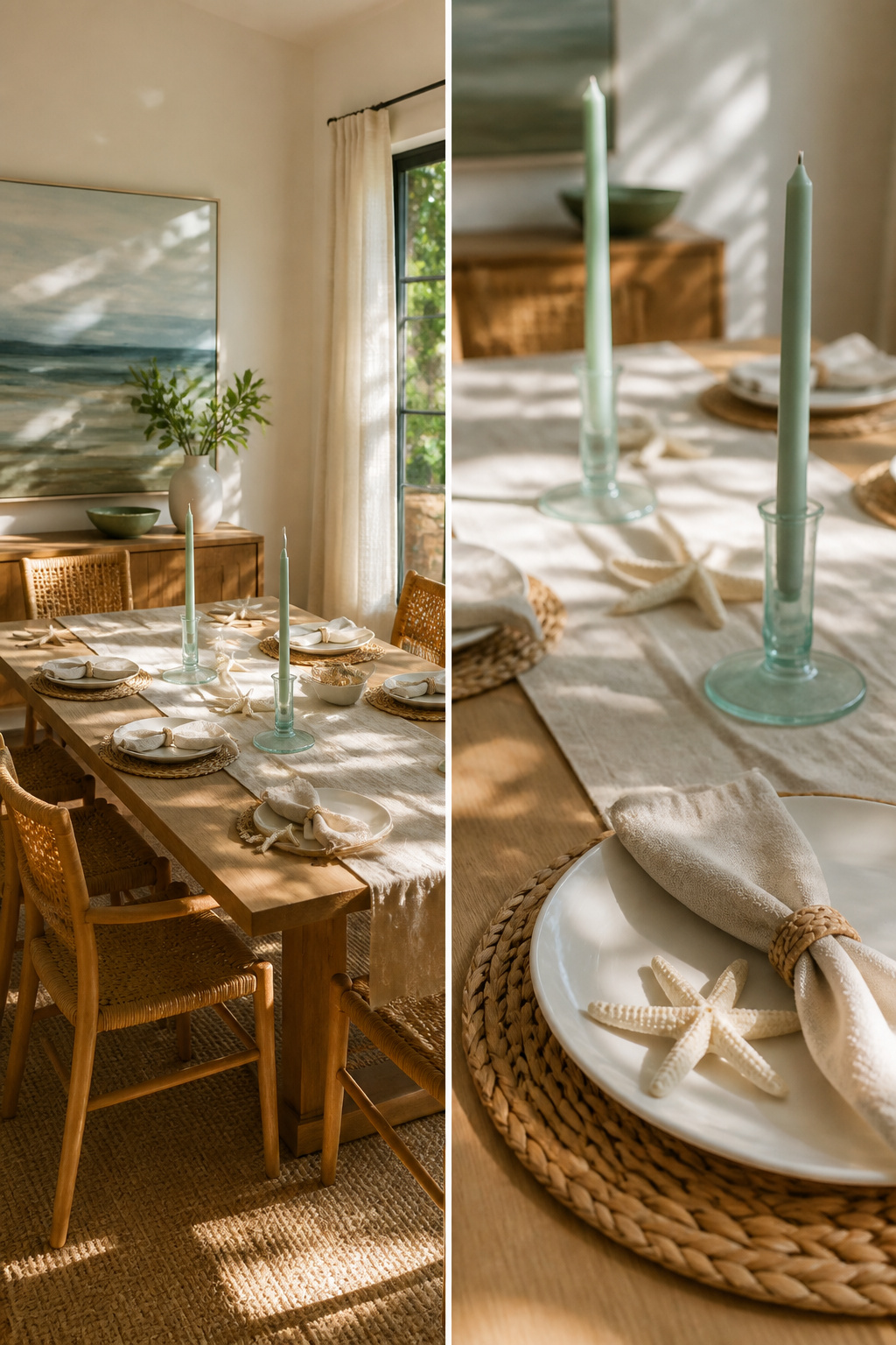 White plates on natural place mats with shells and starfish.
