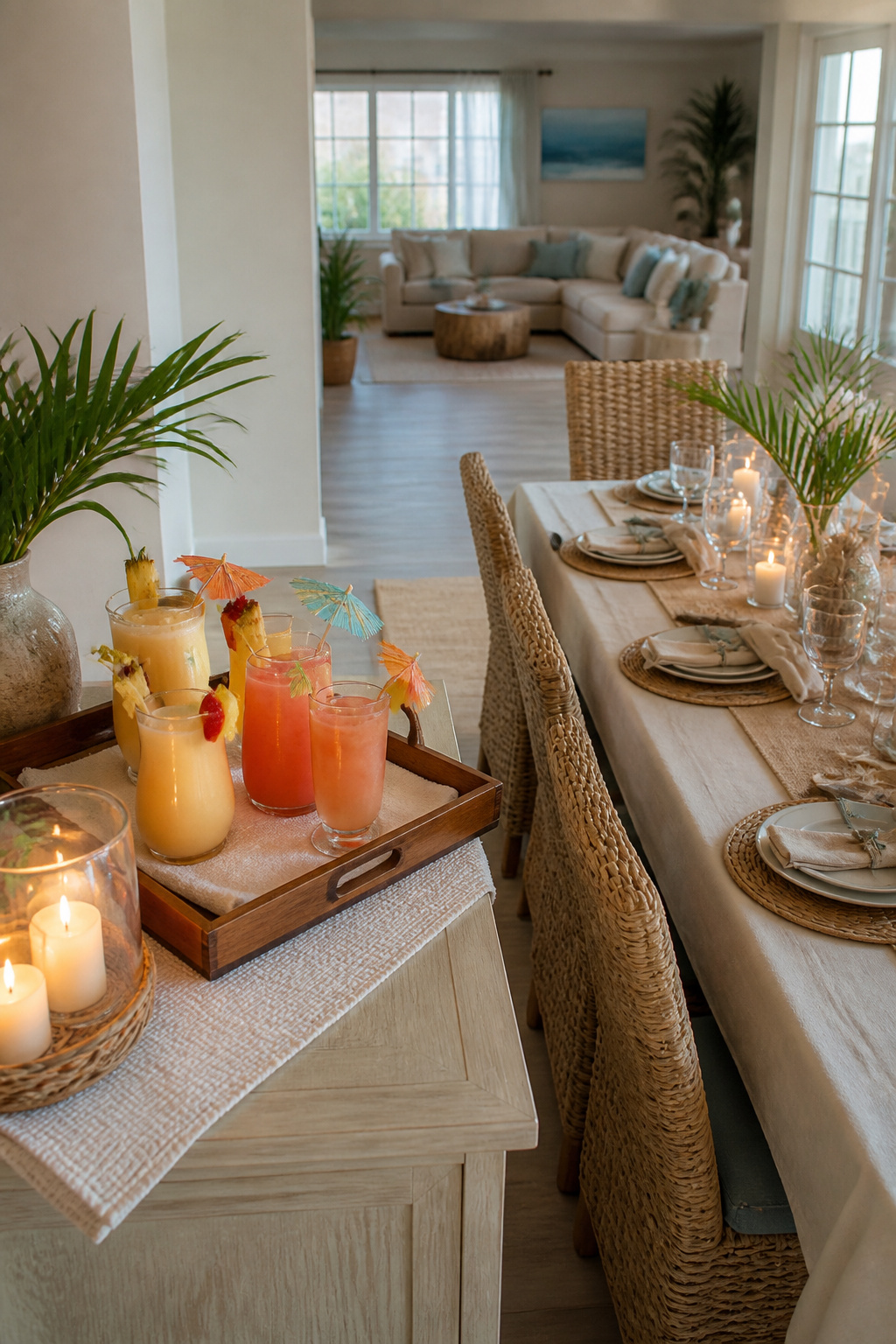 Colorful cocktails on a tray beside a dining table.