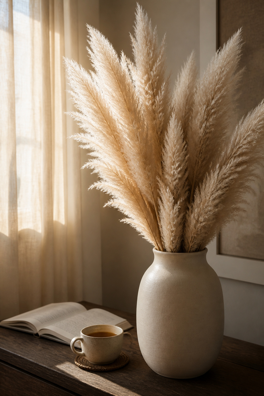 23 Chic Fall Decor Ideas for an Elevated 2026 Season 1 A vase with pampas grass placed in a corner, showcasing its height.