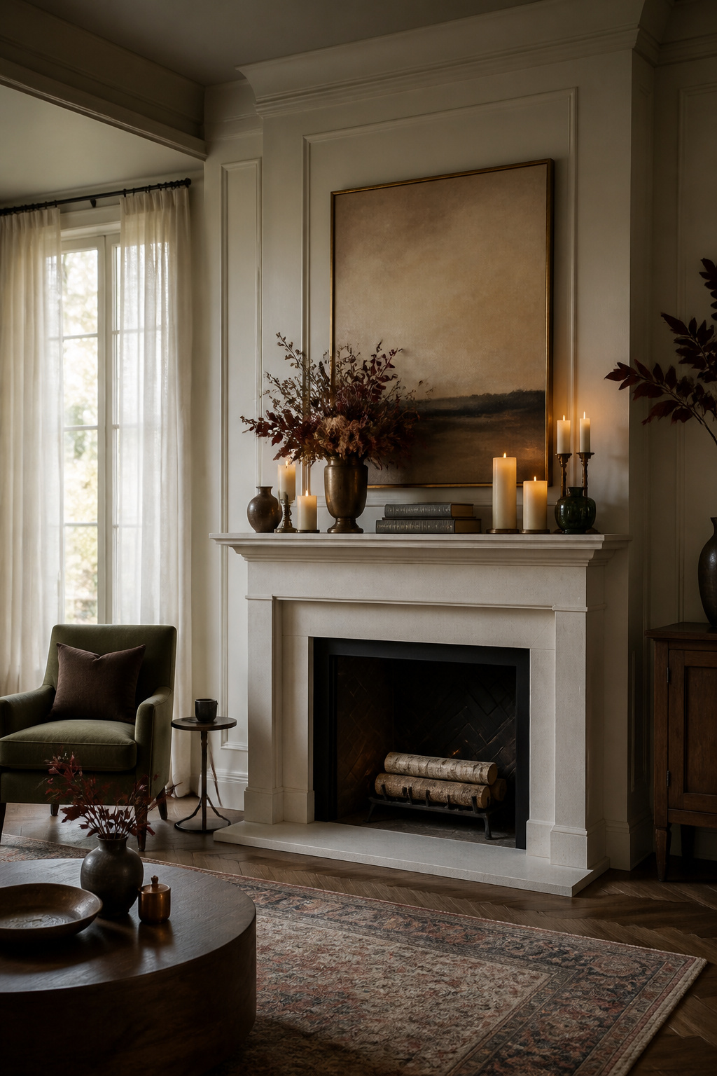 23 Chic Fall Decor Ideas for an Elevated 2026 Season 10 A styled mantel with various decor elements and candles.