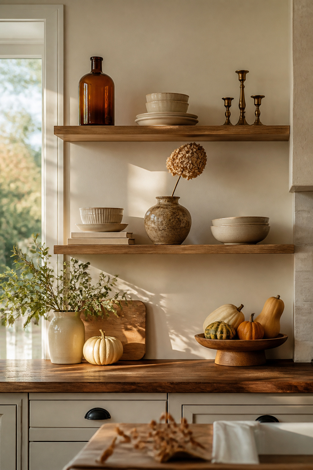 23 Chic Fall Decor Ideas for an Elevated 2026 Season 11 Decorated open shelves with glass bottles and ceramics.
