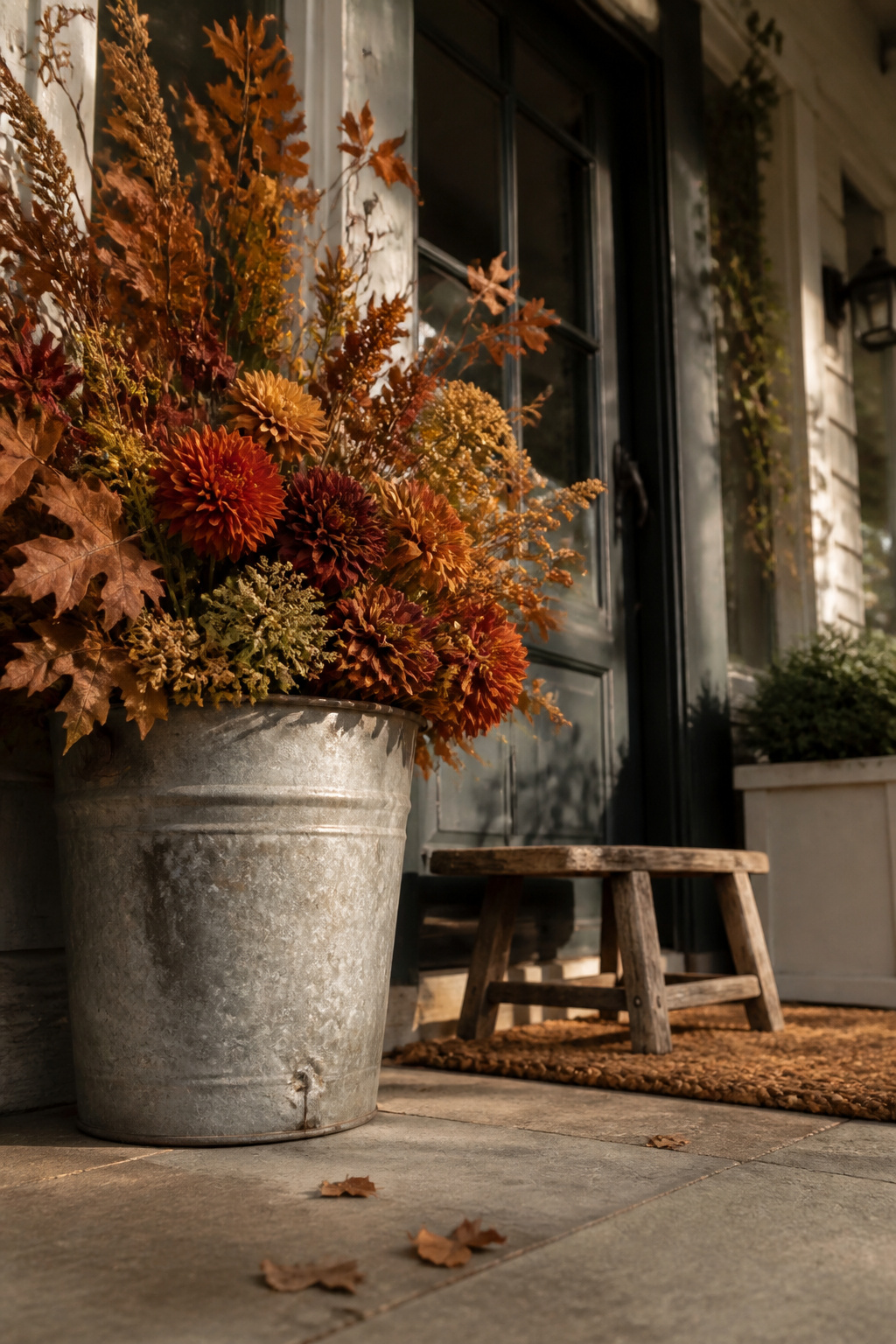 23 Chic Fall Decor Ideas for an Elevated 2026 Season 12 A bucket filled with dried flowers on a porch.