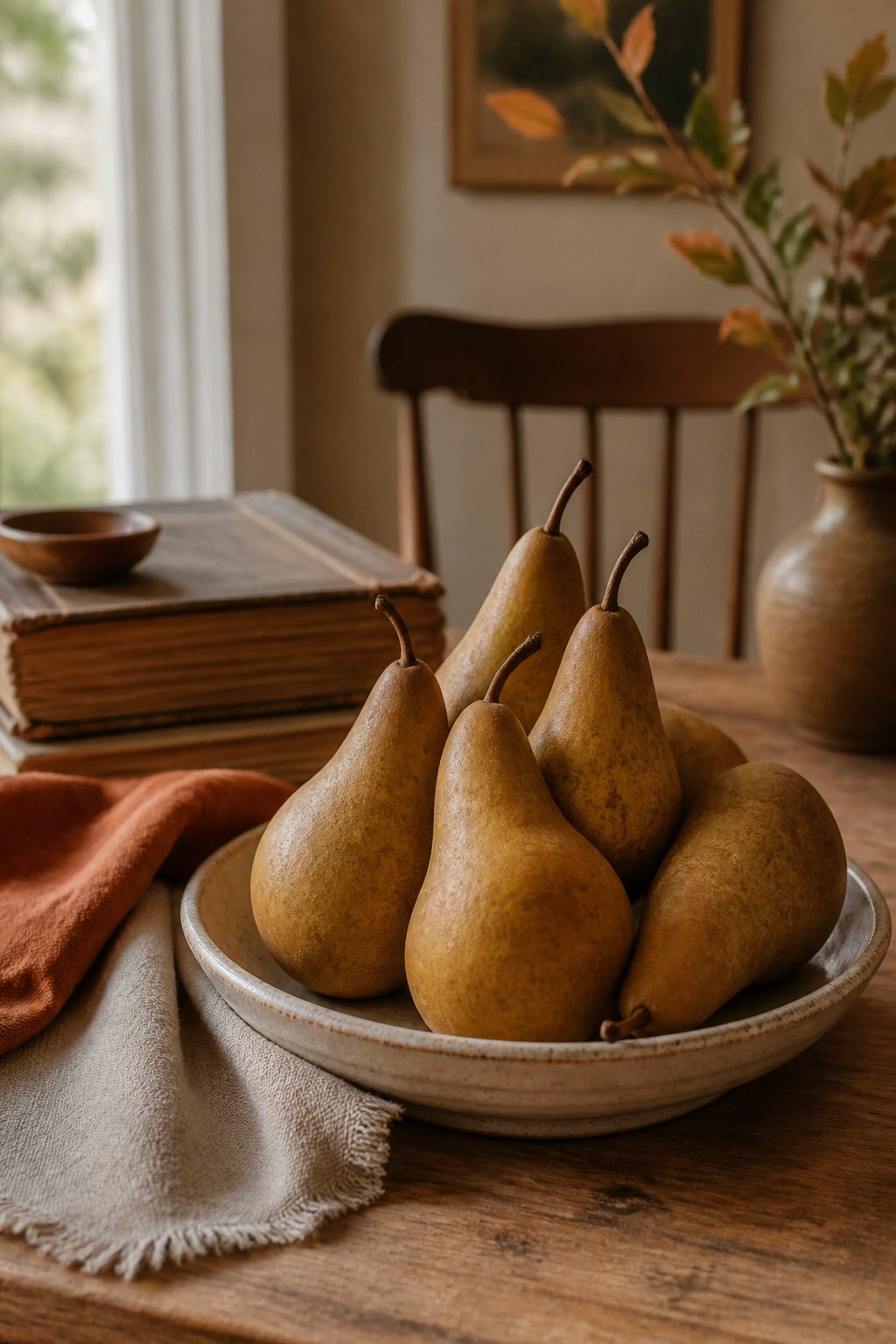 23 Chic Fall Decor Ideas for an Elevated 2026 Season 13 A single pear atop a dish on a dining table.
