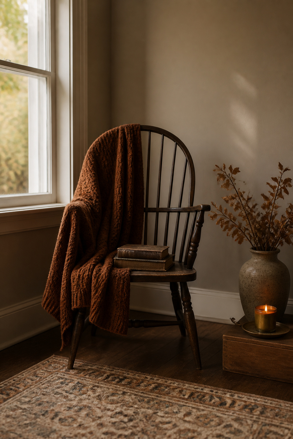 23 Chic Fall Decor Ideas for an Elevated 2026 Season 17 A chair with a throw blanket and books on its seat.