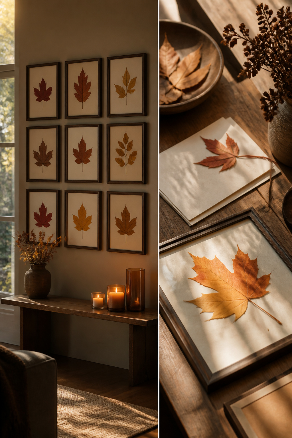23 Chic Fall Decor Ideas for an Elevated 2026 Season 18 Framed pressed leaves arranged on a wall.