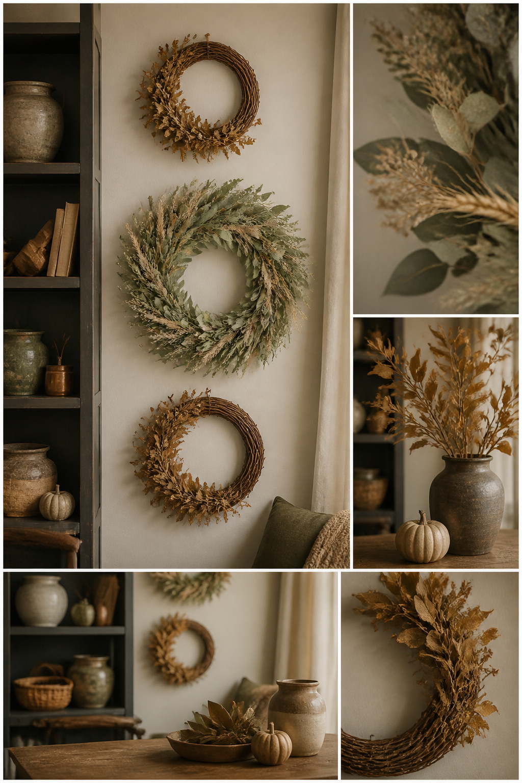 23 Chic Fall Decor Ideas for an Elevated 2026 Season 19 A vertical arrangement of three wreaths on a wall.
