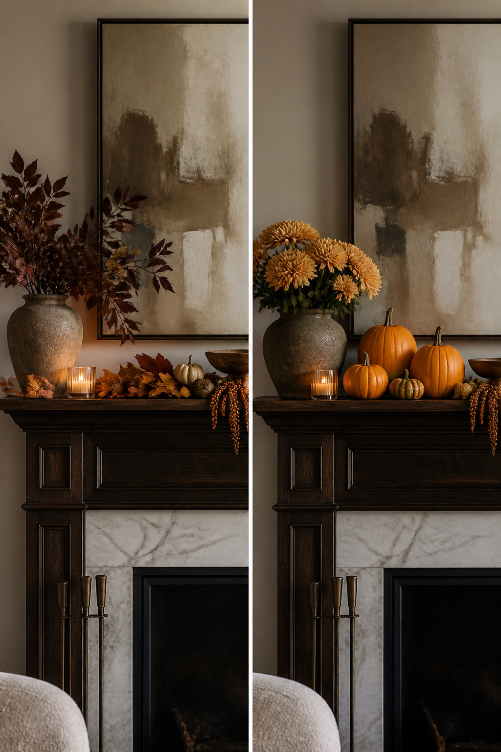 23 Chic Fall Decor Ideas for an Elevated 2026 Season 2 A mantel adorned with real pumpkins and faux foliage arranged together.
