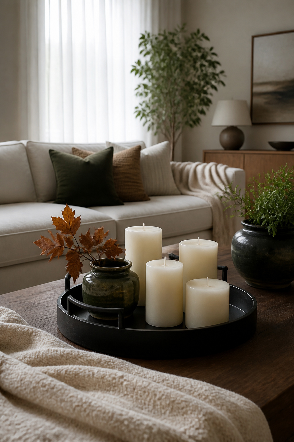 23 Chic Fall Decor Ideas for an Elevated 2026 Season 20 Cream candles arranged on a black tray on a coffee table.