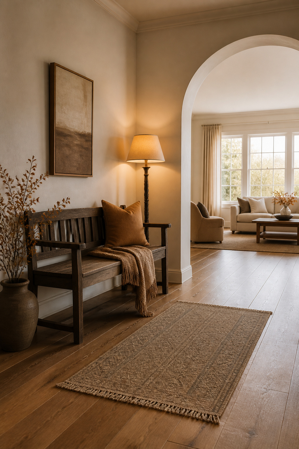 23 Chic Fall Decor Ideas for an Elevated 2026 Season 21 A narrow entryway with a bench and a folded throw.