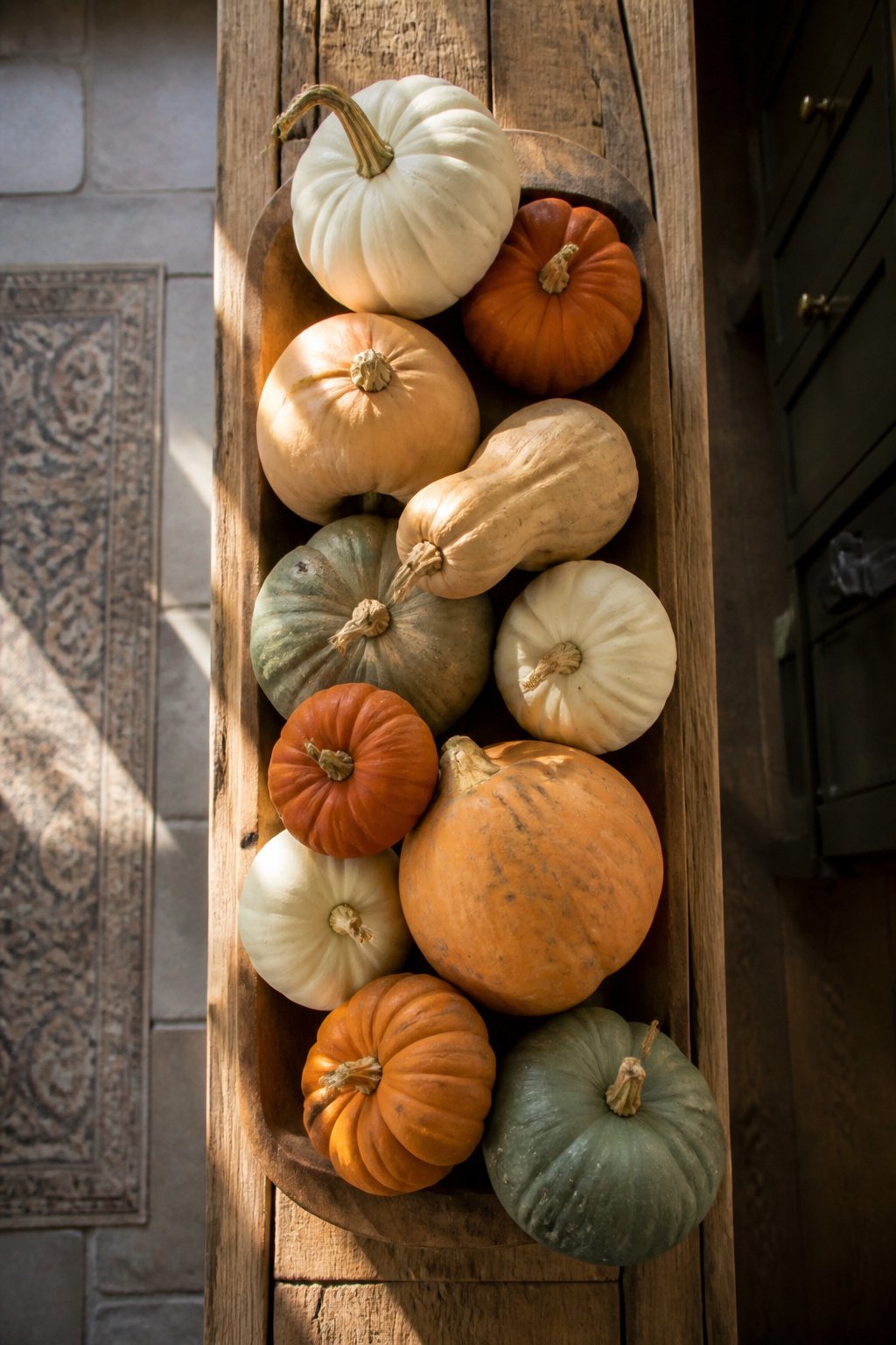 23 Chic Fall Decor Ideas for an Elevated 2026 Season 22 A collection of pumpkins arranged on a shelf.
