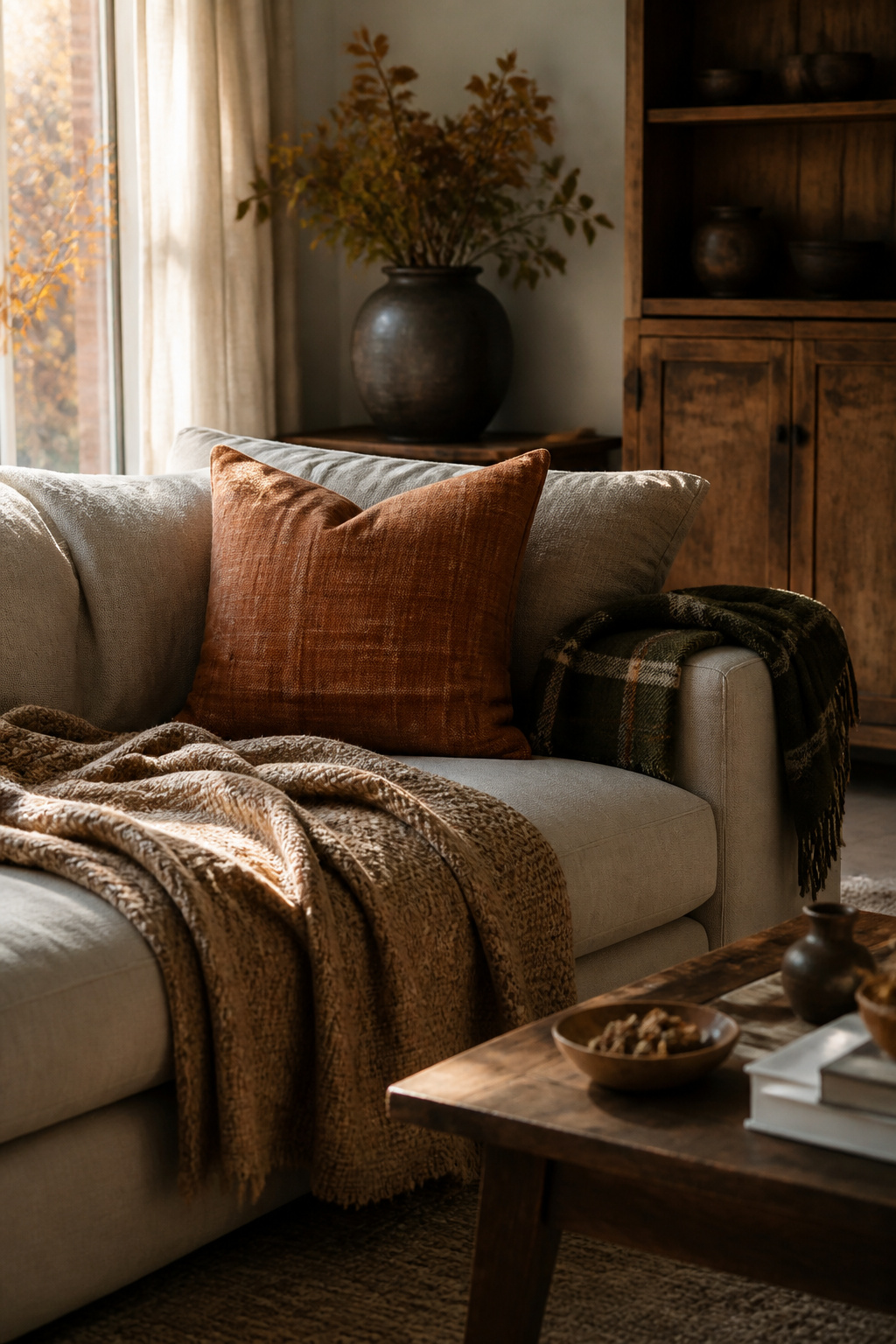 23 Chic Fall Decor Ideas for an Elevated 2026 Season 24 A sofa adorned with various throws and pillows.