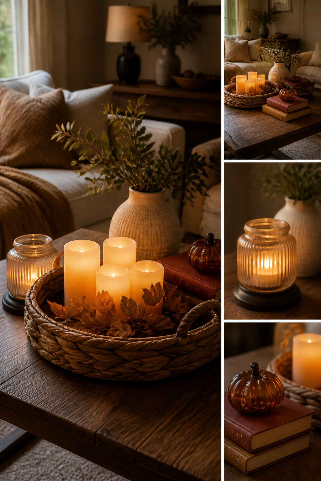 23 Chic Fall Decor Ideas for an Elevated 2026 Season 25 Candles and books arranged in a decorative setting.