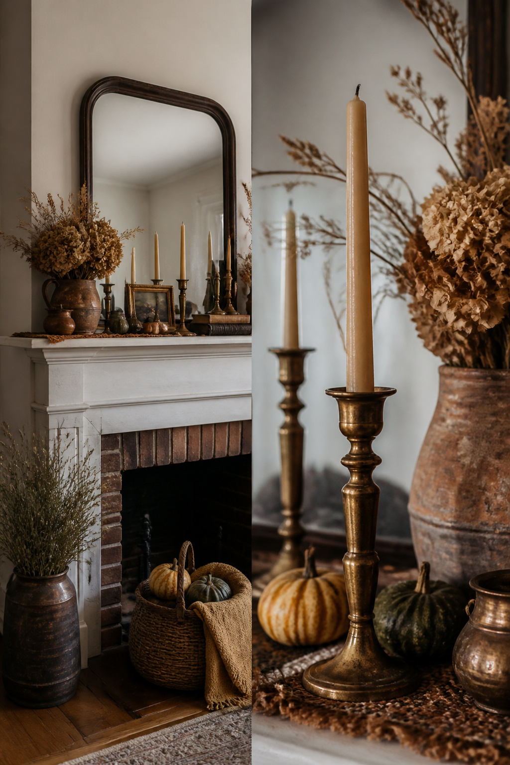 23 Chic Fall Decor Ideas for an Elevated 2026 Season 28 Brass candlesticks placed on a mantel with seasonal decor.