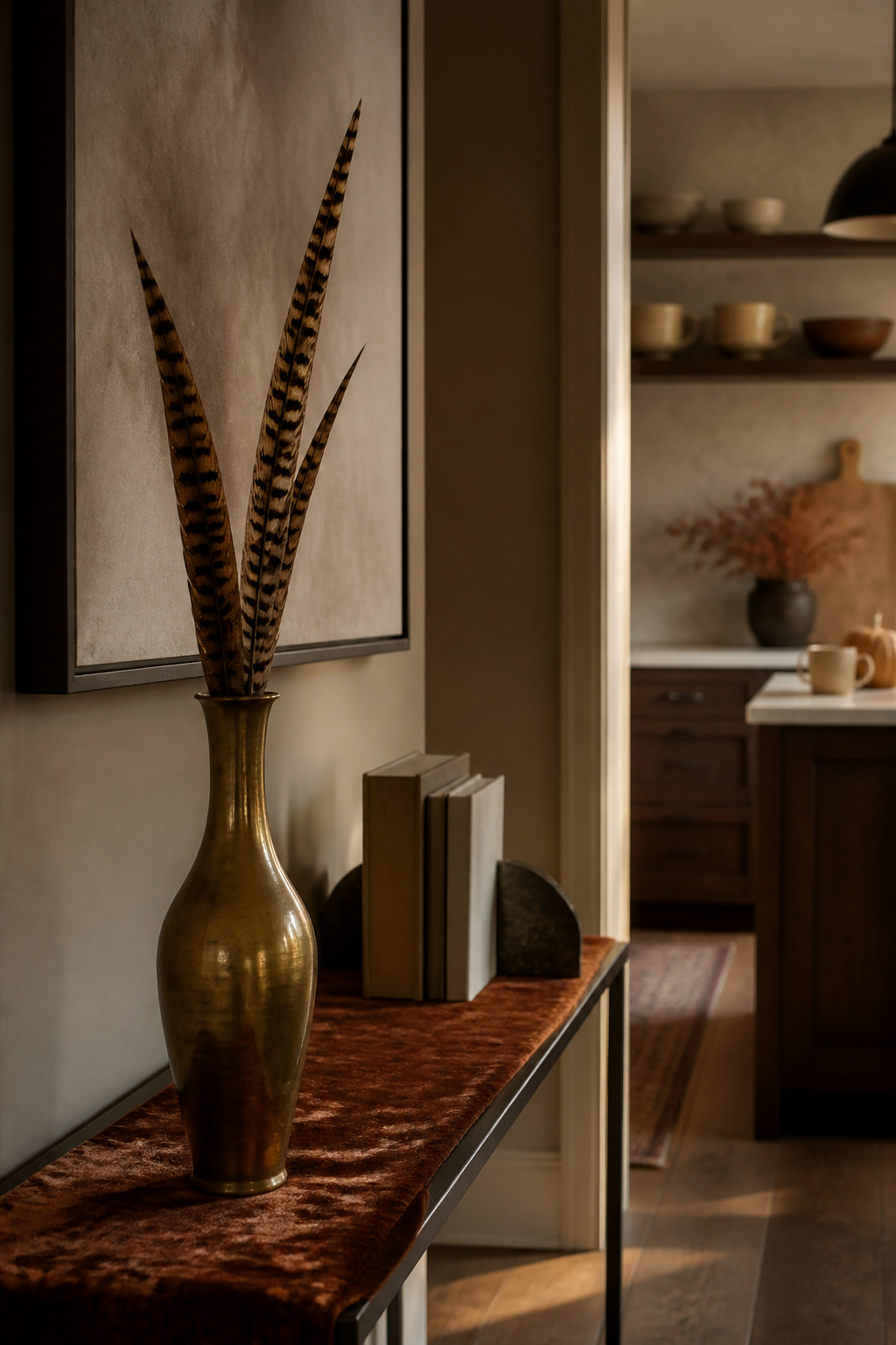 23 Chic Fall Decor Ideas for an Elevated 2026 Season 3 A brass vase holding long pheasant feathers on a table with books.