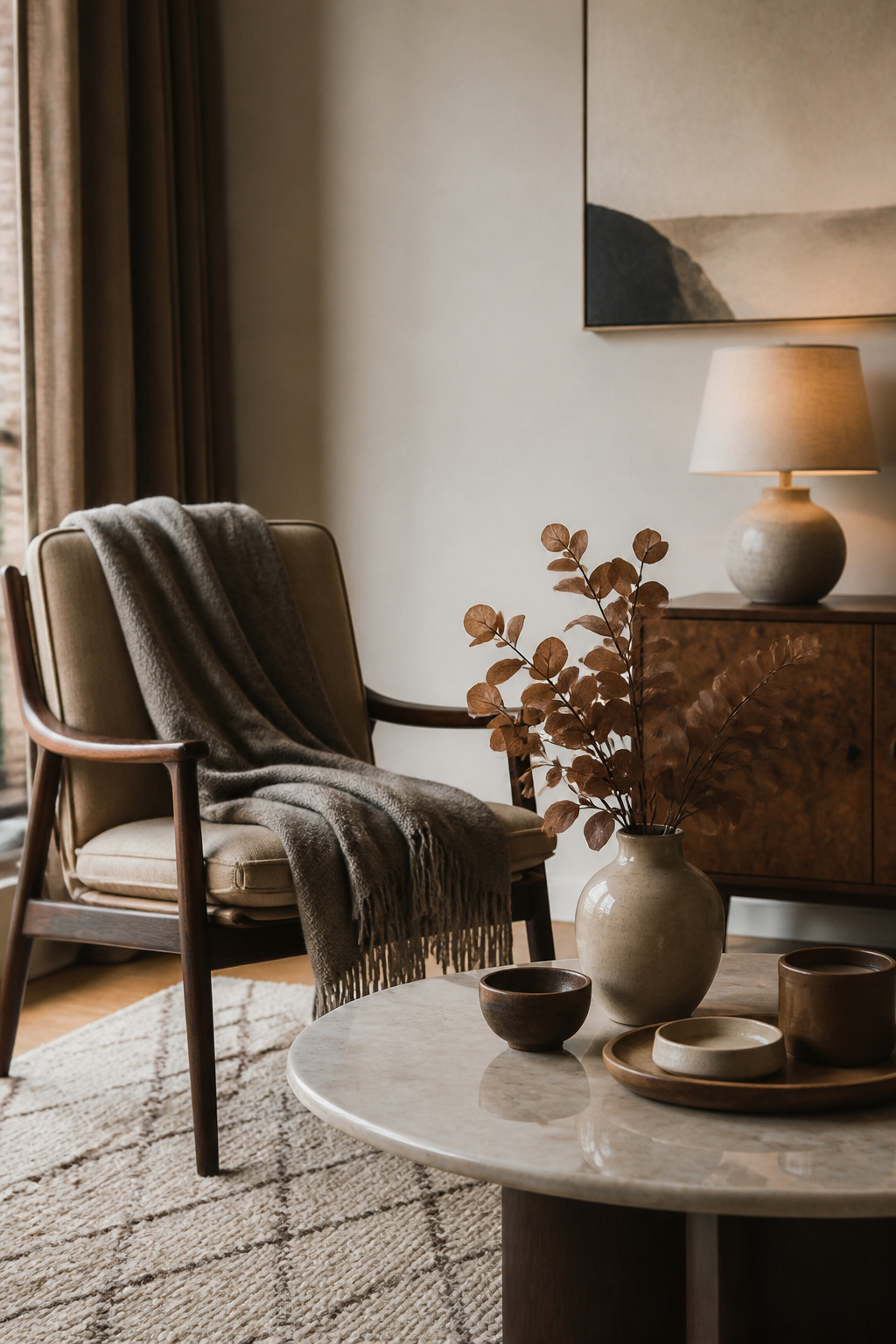 23 Chic Fall Decor Ideas for an Elevated 2026 Season 5 A chair draped with a taupe throw and a vase of dried eucalyptus.