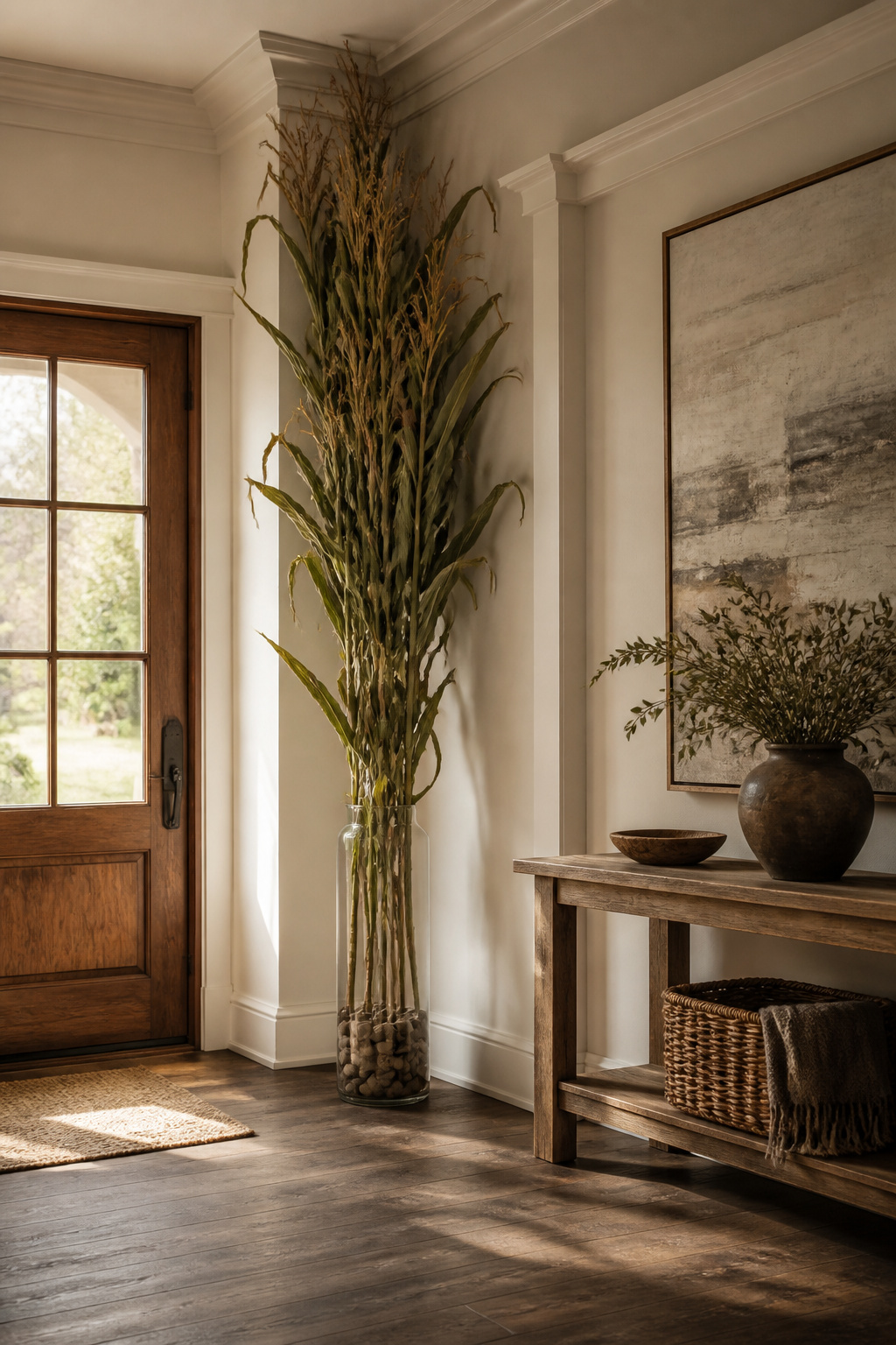 23 Chic Fall Decor Ideas for an Elevated 2026 Season 7 Tall corn stalks positioned around a doorway for seasonal decor.