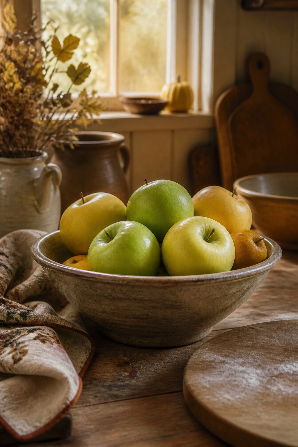 23 Chic Fall Decor Ideas for an Elevated 2026 Season 8 A bowl filled with green and red apples on a table.