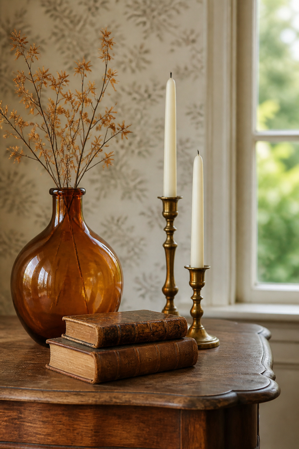 23 Chic Fall Decor Ideas for an Elevated 2026 Season 9 Amber glass and brass pieces arranged on a shelf for fall.