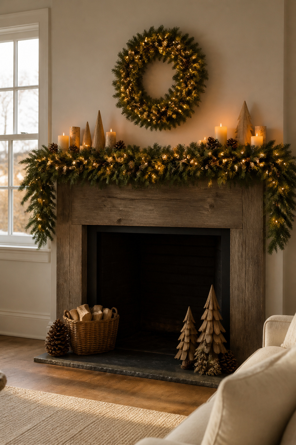 A pre-lit garland draped over a mantel with decorative accents.