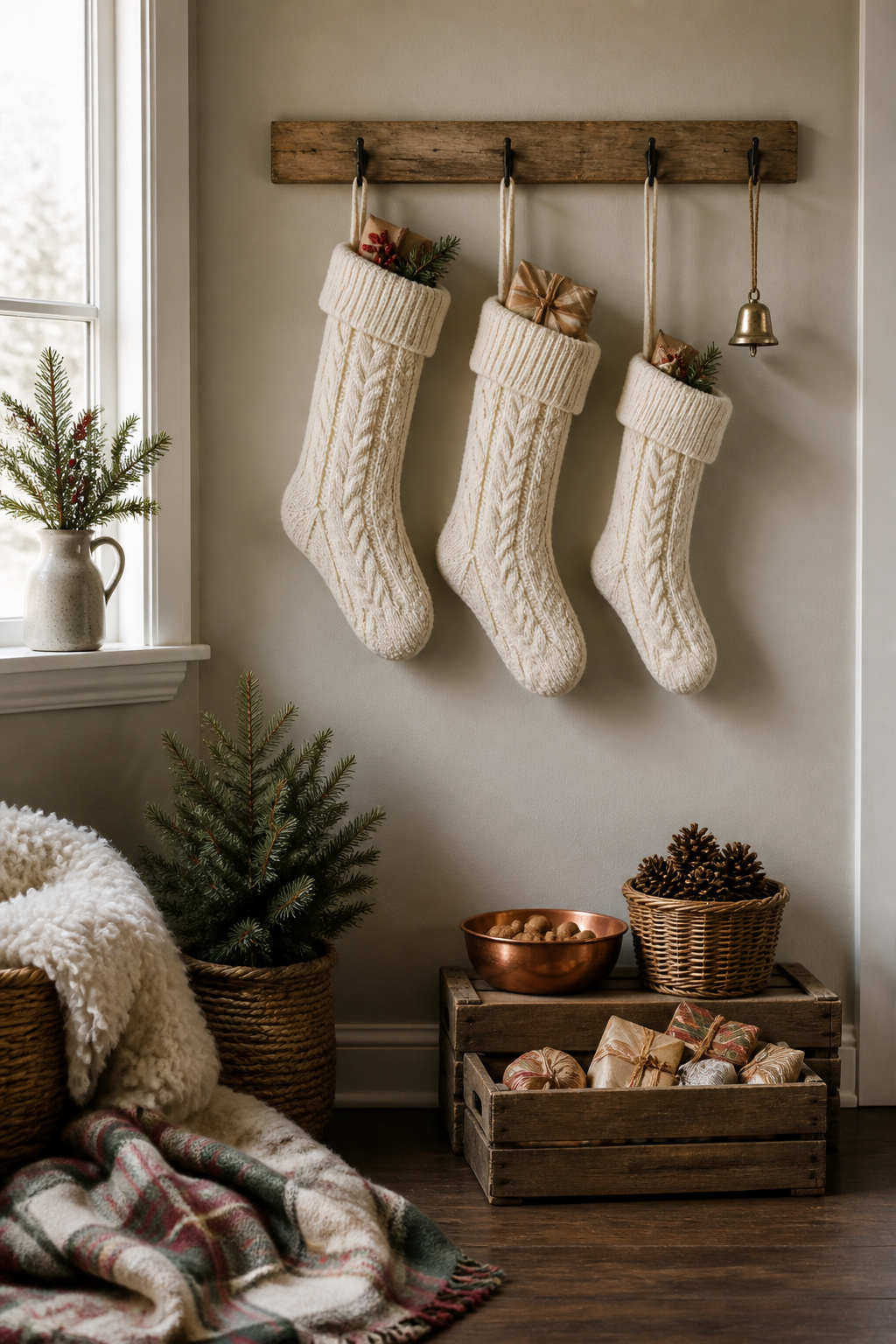 Three cable knit Christmas stockings displayed on a wall.