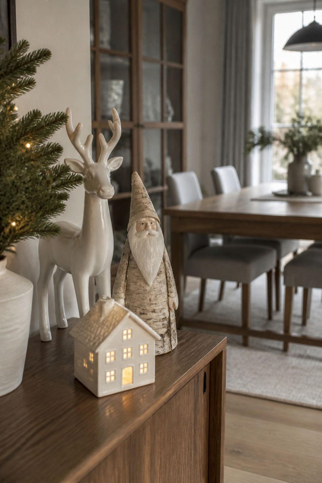 13 Christmas Dining Room Ideas for 2026: Decorating Styles That Actually Work 1 Three Christmas figurines, including a reindeer and a Santa, on a sideboard.