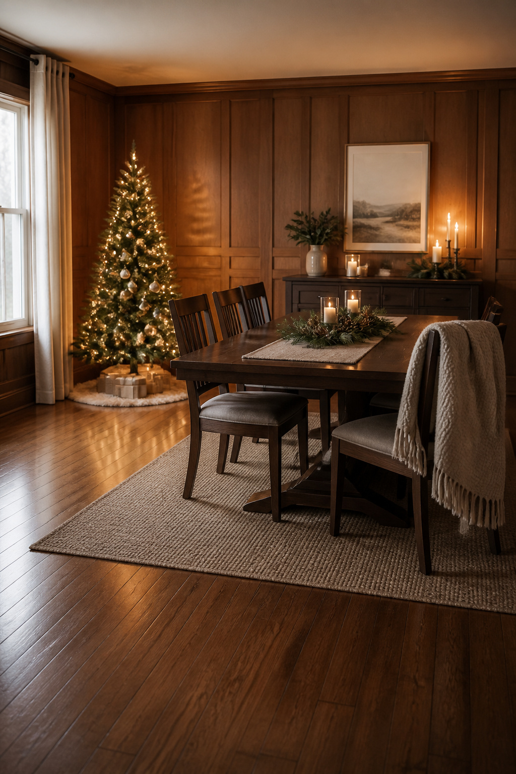 13 Christmas Dining Room Ideas for 2026: Decorating Styles That Actually Work 12 A Christmas tree positioned in a corner of a dining room.