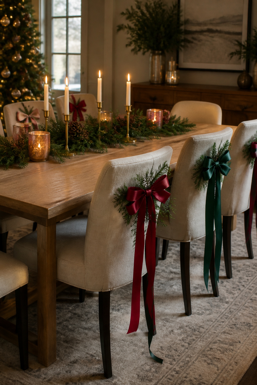13 Christmas Dining Room Ideas for 2026: Decorating Styles That Actually Work 13 Colorful ribbon swags tied to the backs of dining chairs.