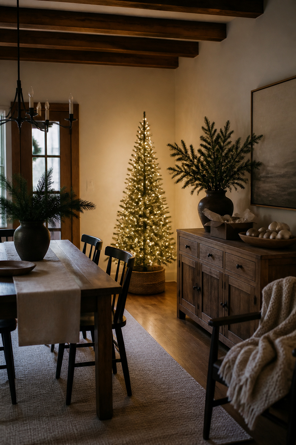 13 Christmas Dining Room Ideas for 2026: Decorating Styles That Actually Work 4 A full-size Christmas tree with simple decorations in a dining room corner.