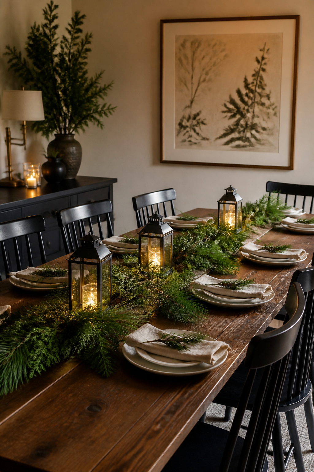 13 Christmas Dining Room Ideas for 2026: Decorating Styles That Actually Work 7 A faux garland and fresh pine branches adorn a dining table.