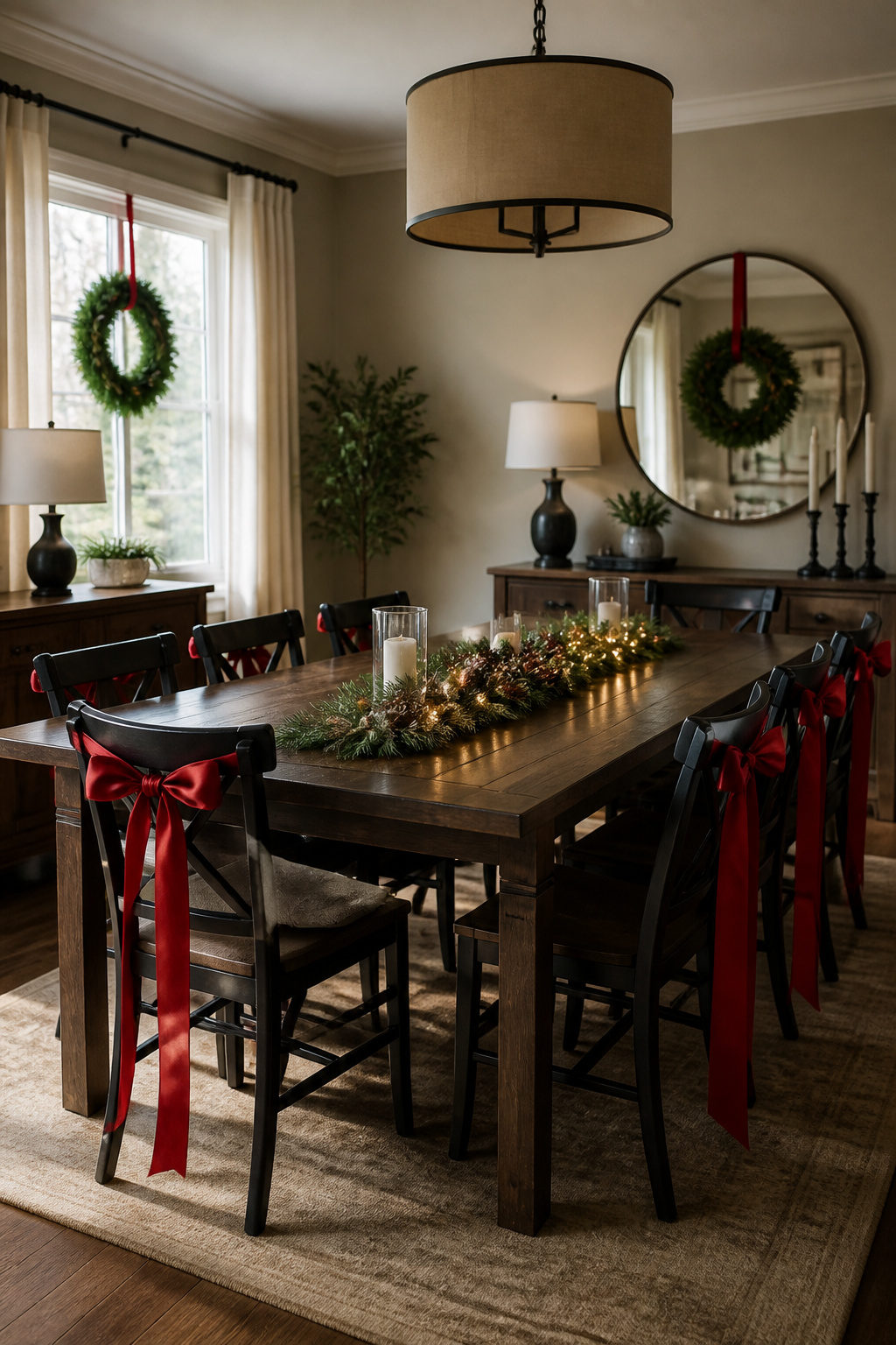 13 Christmas Dining Room Ideas for 2026: Decorating Styles That Actually Work 8 Red ribbons tied to dining chairs and matching wreaths in the dining room.