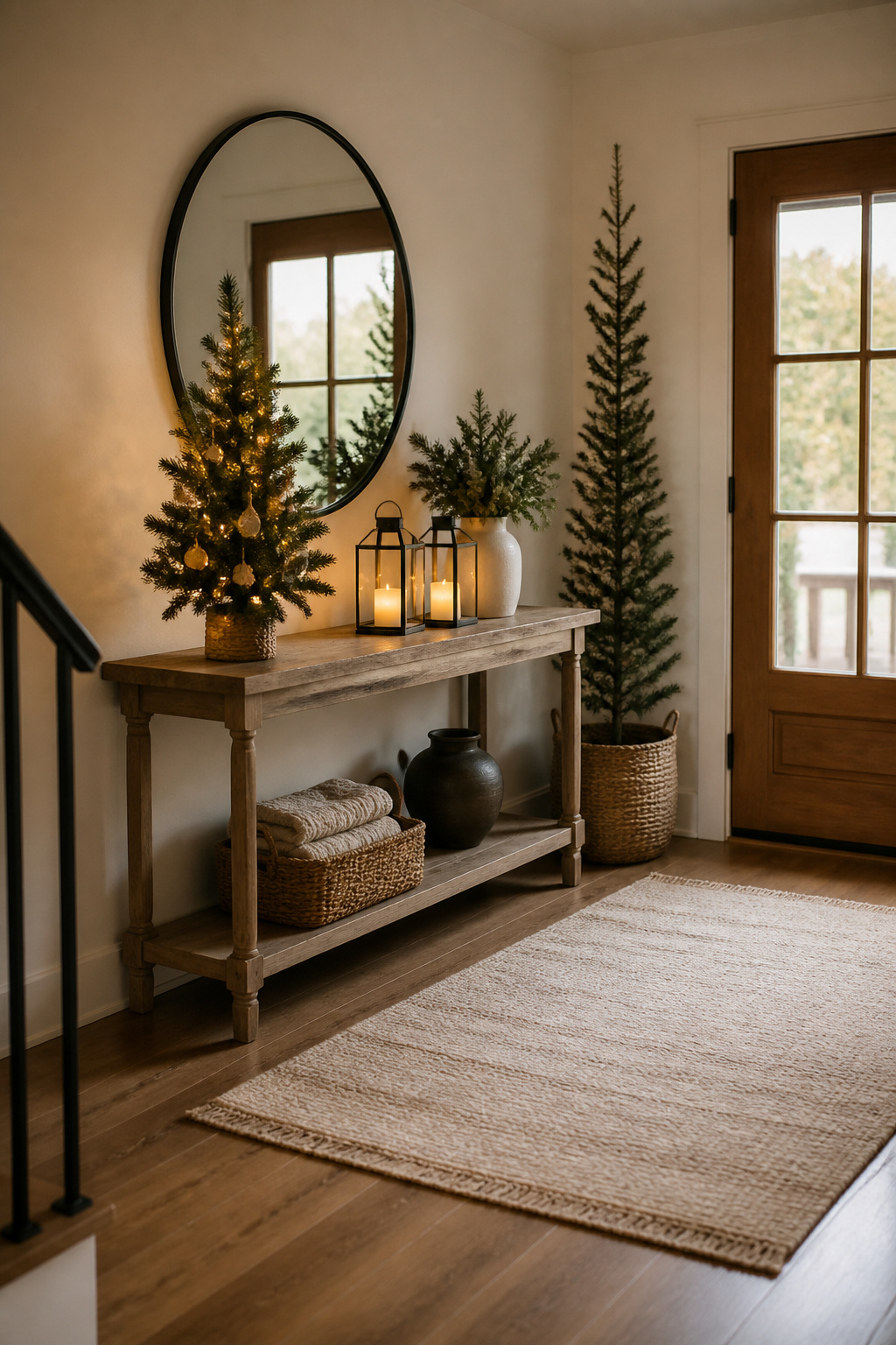 7 Christmas Entryway Decor Ideas for a Festive First Impression 2 A mini Christmas tree with lights on a console table.