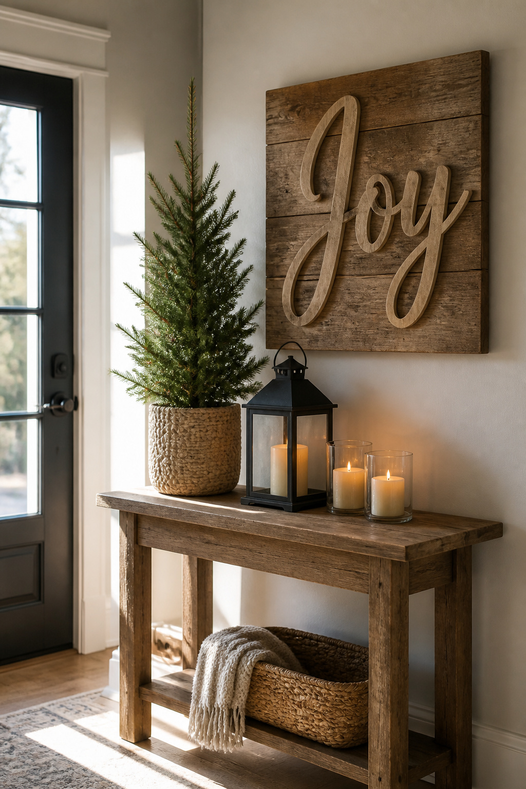 7 Christmas Entryway Decor Ideas for a Festive First Impression 5 A wooden sign reading 'Joy' above a small hook rail.