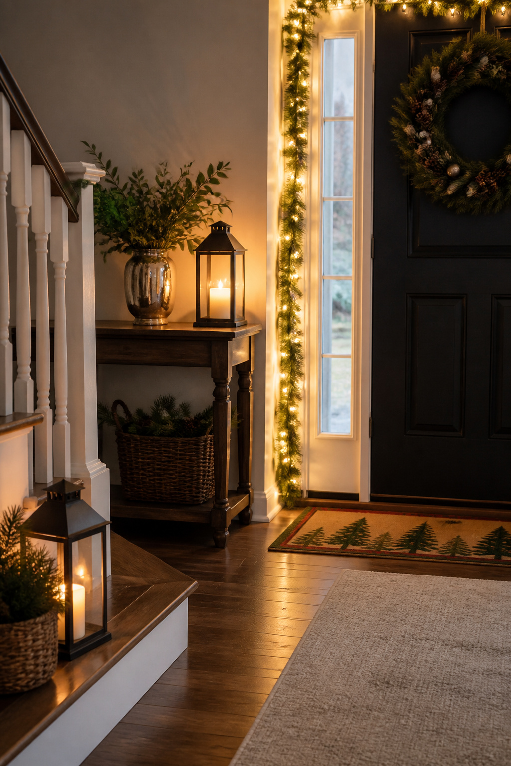 7 Christmas Entryway Decor Ideas for a Festive First Impression 7 Lanterns and string lights illuminating an entryway.