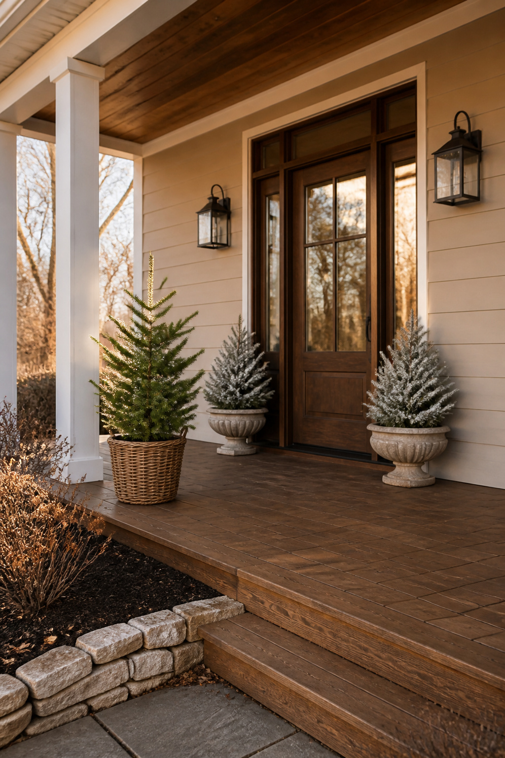 8 Christmas Front Porch Decorating Ideas for 2026 2 A Norfolk pine in a simple basket on the porch.
