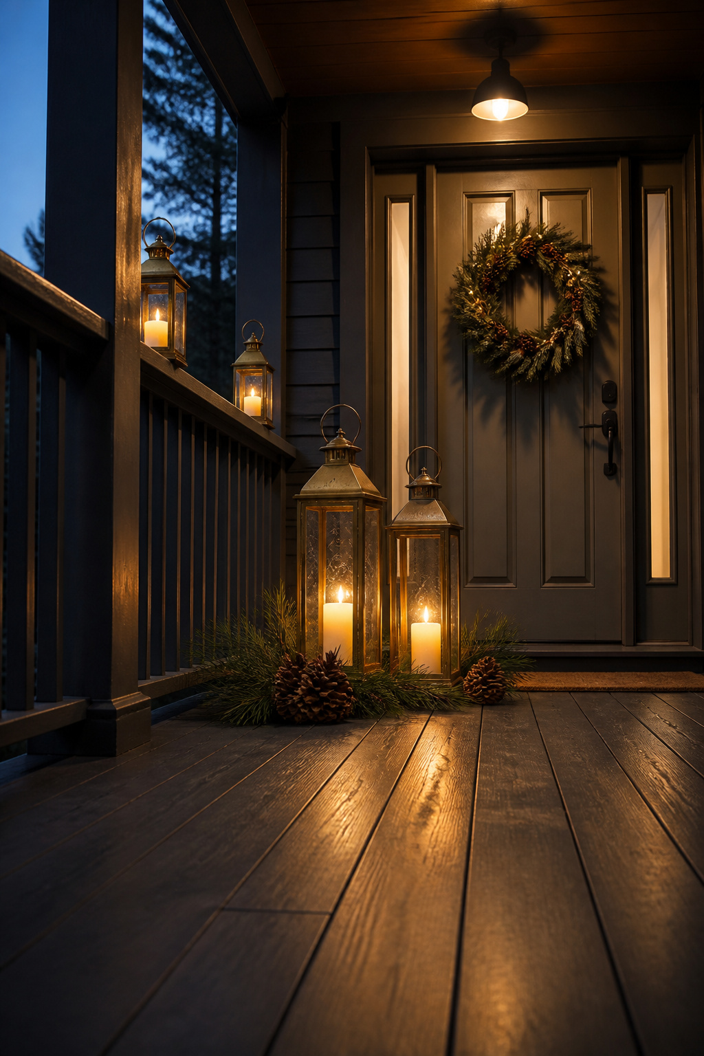 8 Christmas Front Porch Decorating Ideas for 2026 4 Two lanterns on a porch, one with a candle inside.