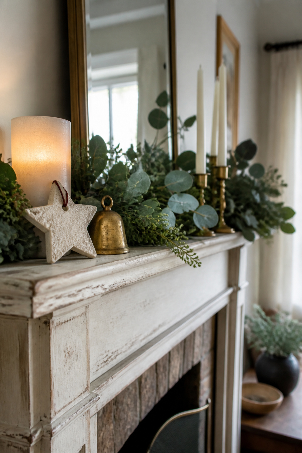 A child's salt-dough ornament and brass bell on a mantel.