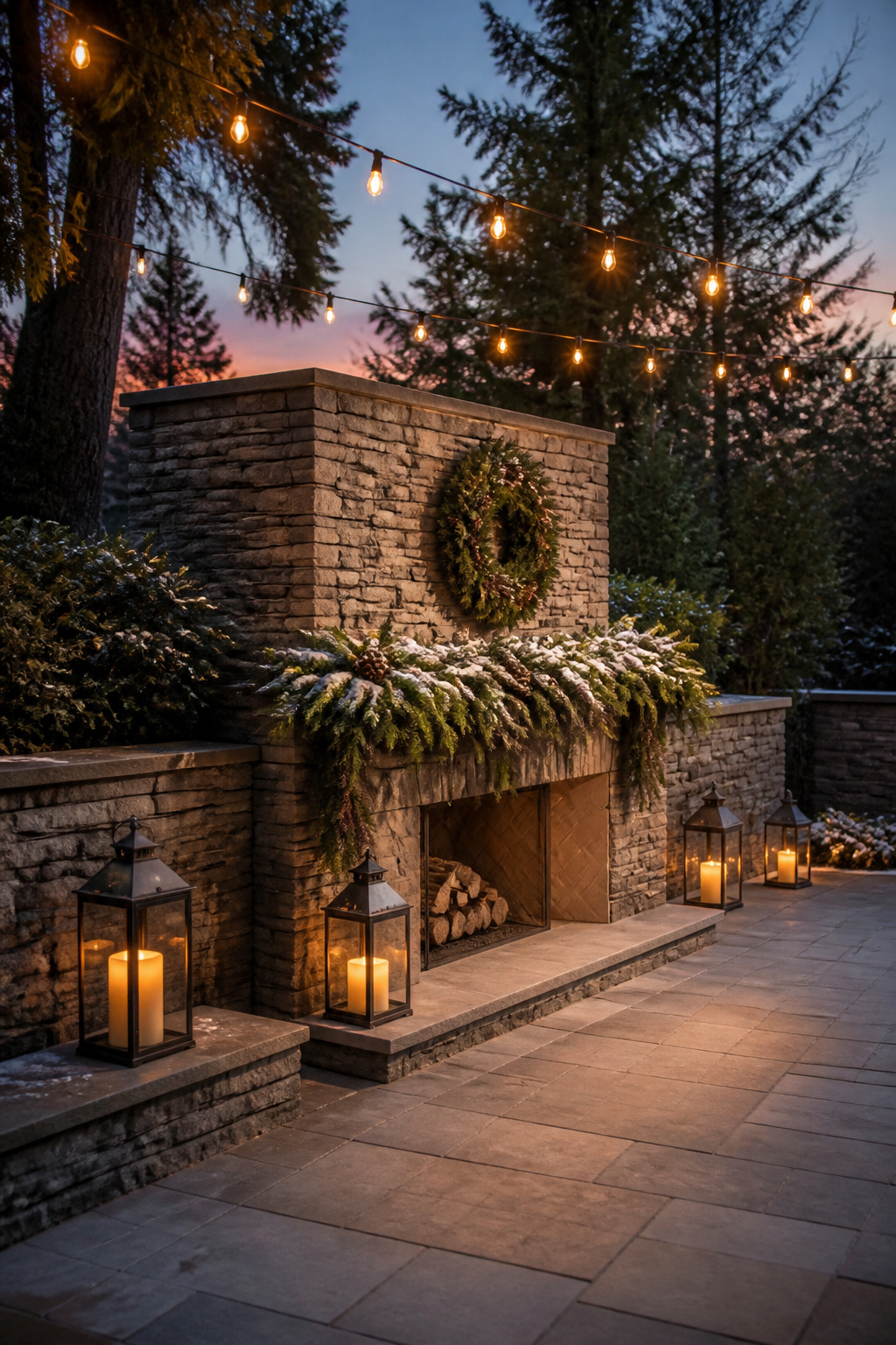 An outdoor mantel with weather-resistant decorations.