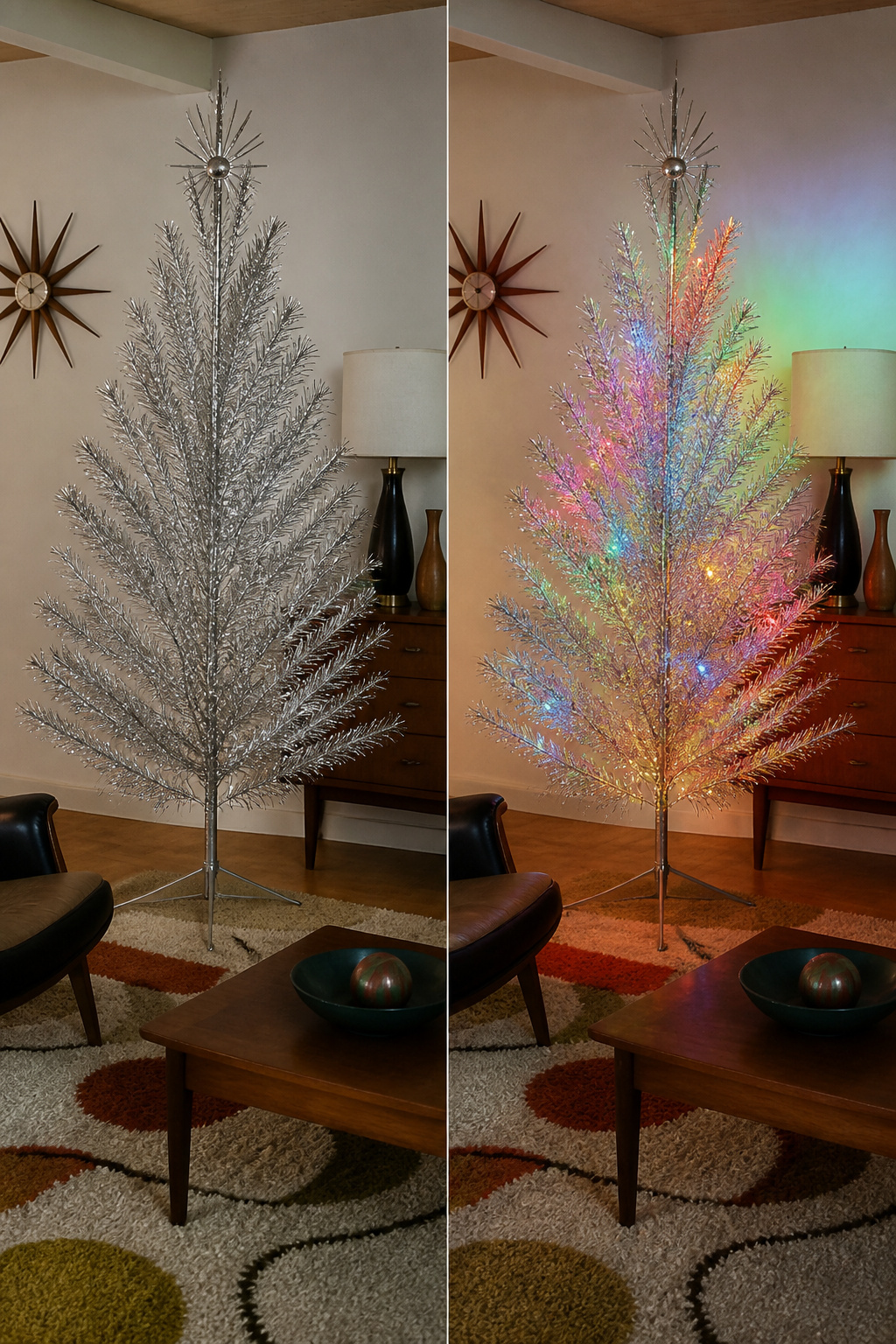 Aluminum Christmas tree showcasing metallic branches.