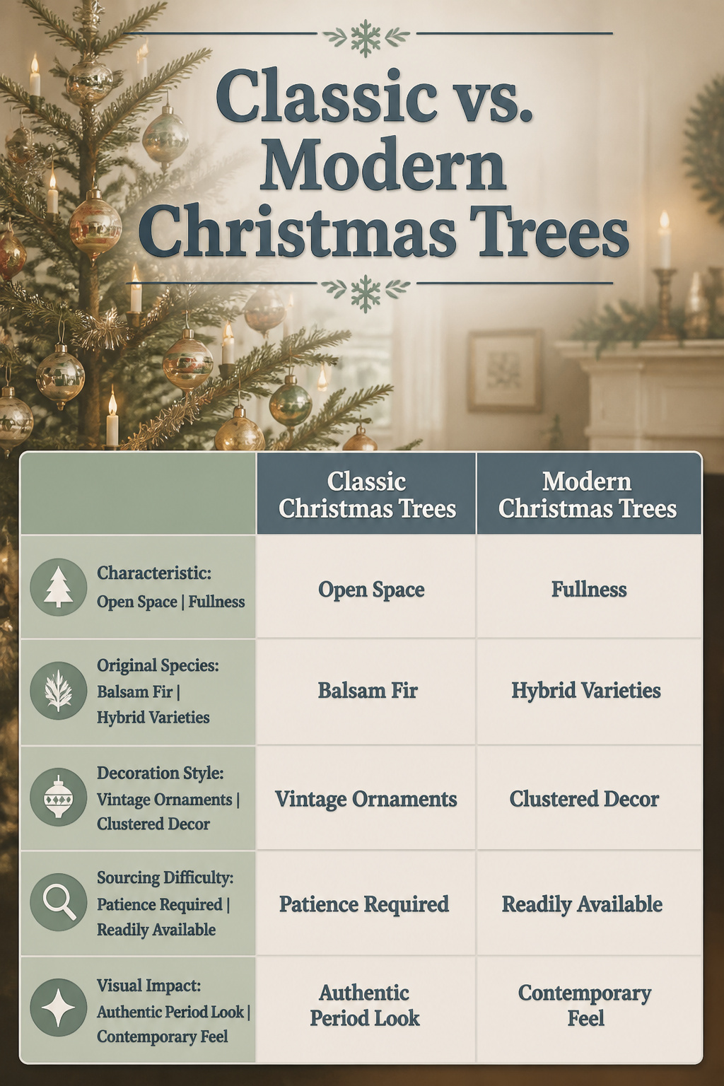 Comparison of classic and modern Christmas tree branch spacing.