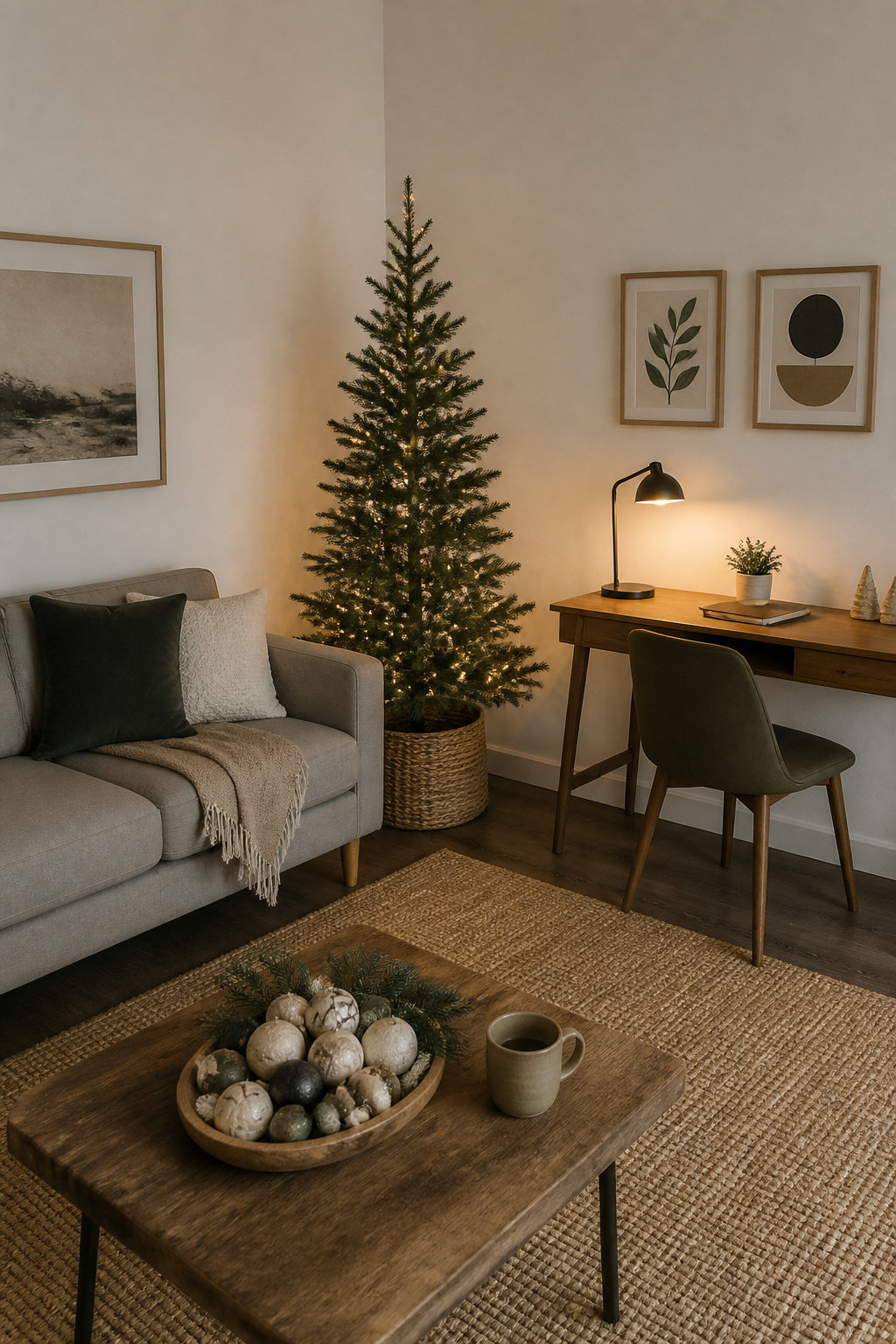Narrow Arrow Spruce Christmas tree positioned in a corner.